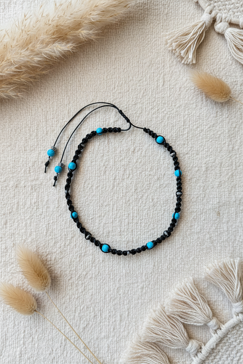 Collier choker en macramé noir artisanal avec perles de turquoise et détails argentés Joyas by Jo posé sur un tissu texturé.