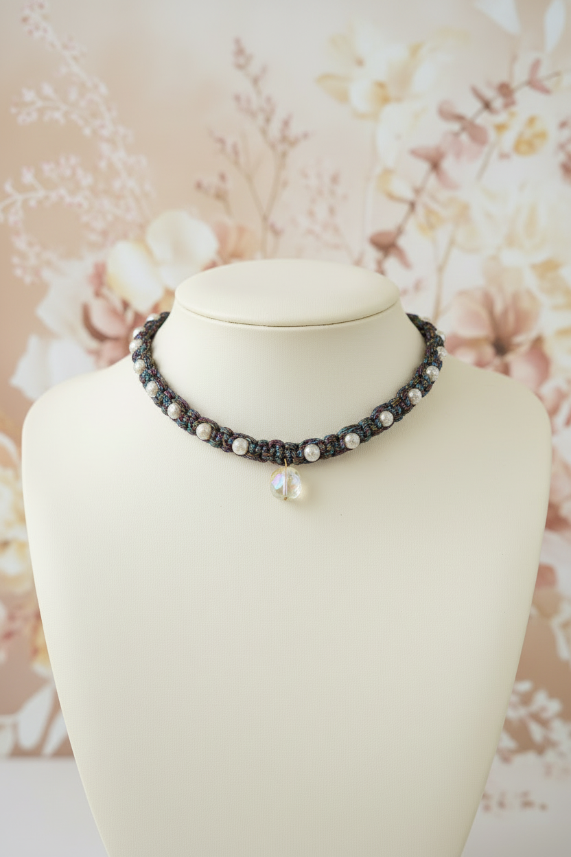 Collier ras de cou artisanal en macramé sombre serti de perles blanches nacrées avec pendentif en cristal transparent sur buste d'exposition Joyas by Jo.