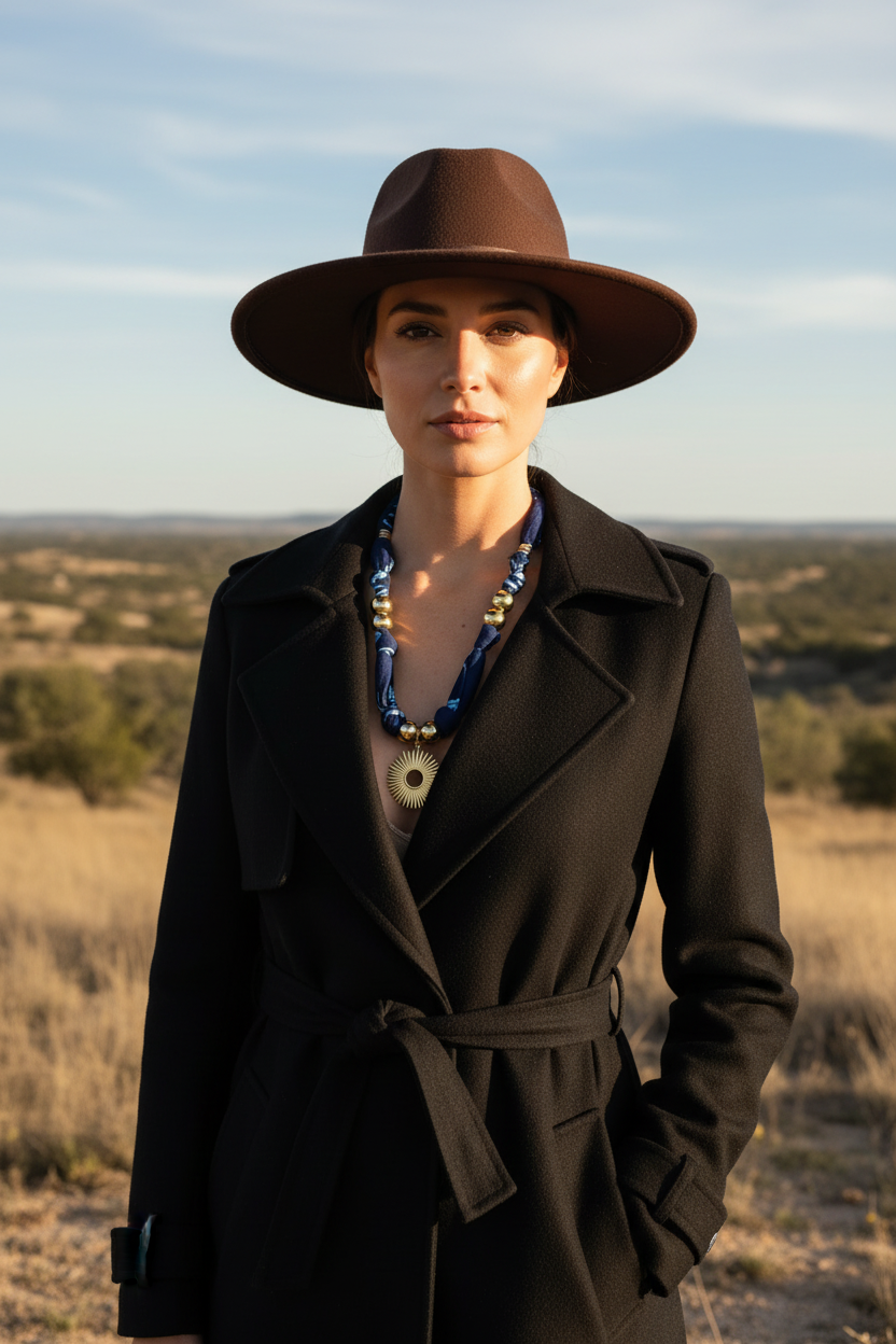 Portrait d'une femme en extérieur portant le collier Mareen "Rayon de Nuit" avec un manteau noir élégant et un chapeau marron. Le bijou apporte une touche lumineuse sur une tenue sobre. Joyas by jo