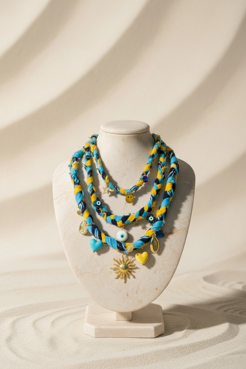 Collier tressé Enola "Solaire" aux couleurs vibrantes (rouge, jaune, vert) avec système de fermeture ajustable par cordons noirs et petit pendentif cœur en or. Joyas by jo