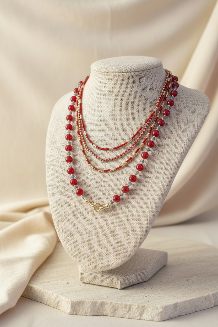 Collier multi-rangs Joyas by Jo avec perles rouges en cornaline et détails dorés sur un buste d'exposition beige.