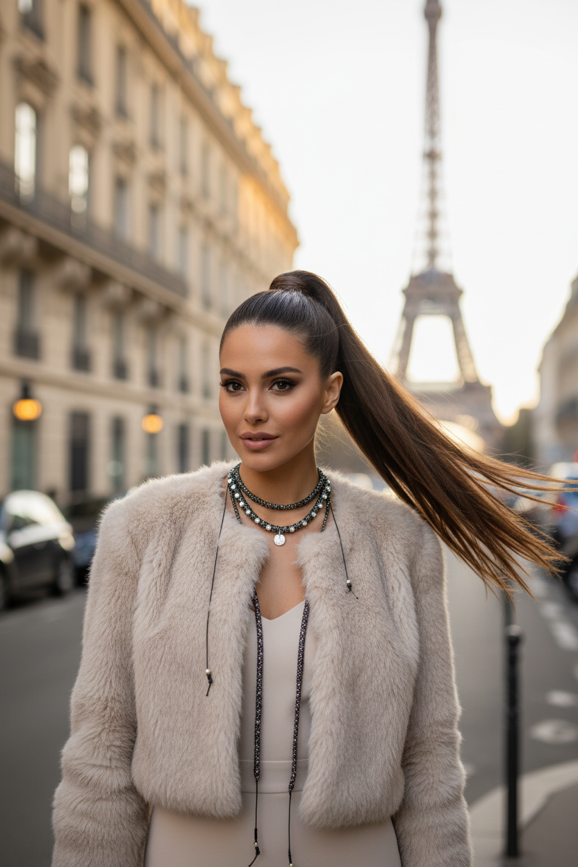 Femme portant un collier multi-rangs Joyas by Jo en perles grises et argentées devant la Tour Eiffel à Paris.