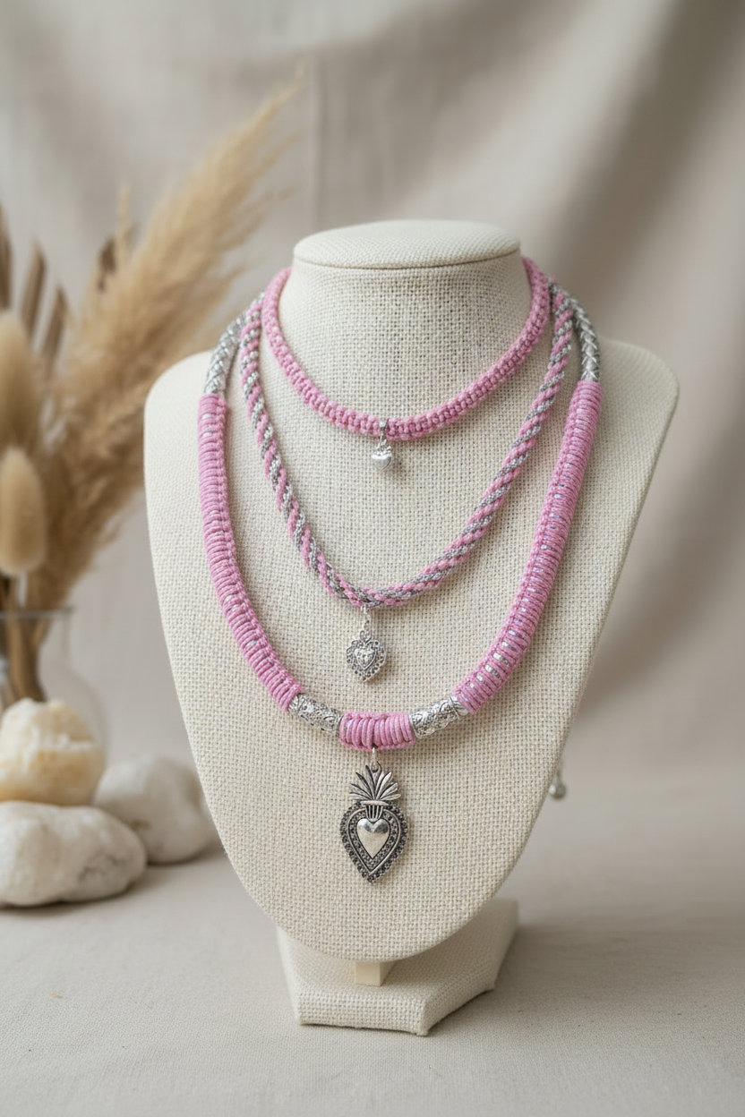 Collier multi-rangs rose et argent Joyas by Jo avec pendentifs coeurs sacrés sur un buste d'exposition beige.