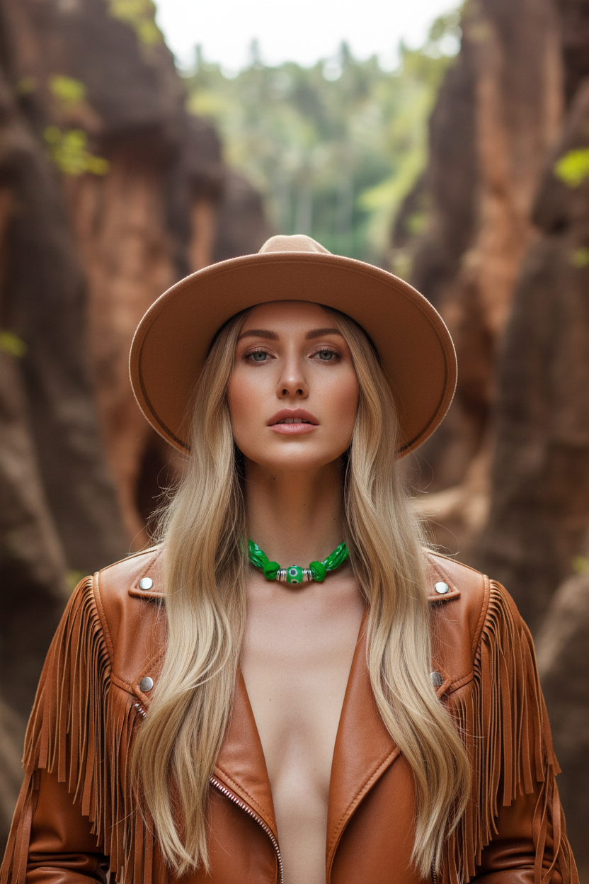 Gros plan sur le collier Karina "Regard d'Émeraude" porté par une femme, soulignant le contraste entre les perles vertes et le ton chaud de sa tenue. Joyas by jo