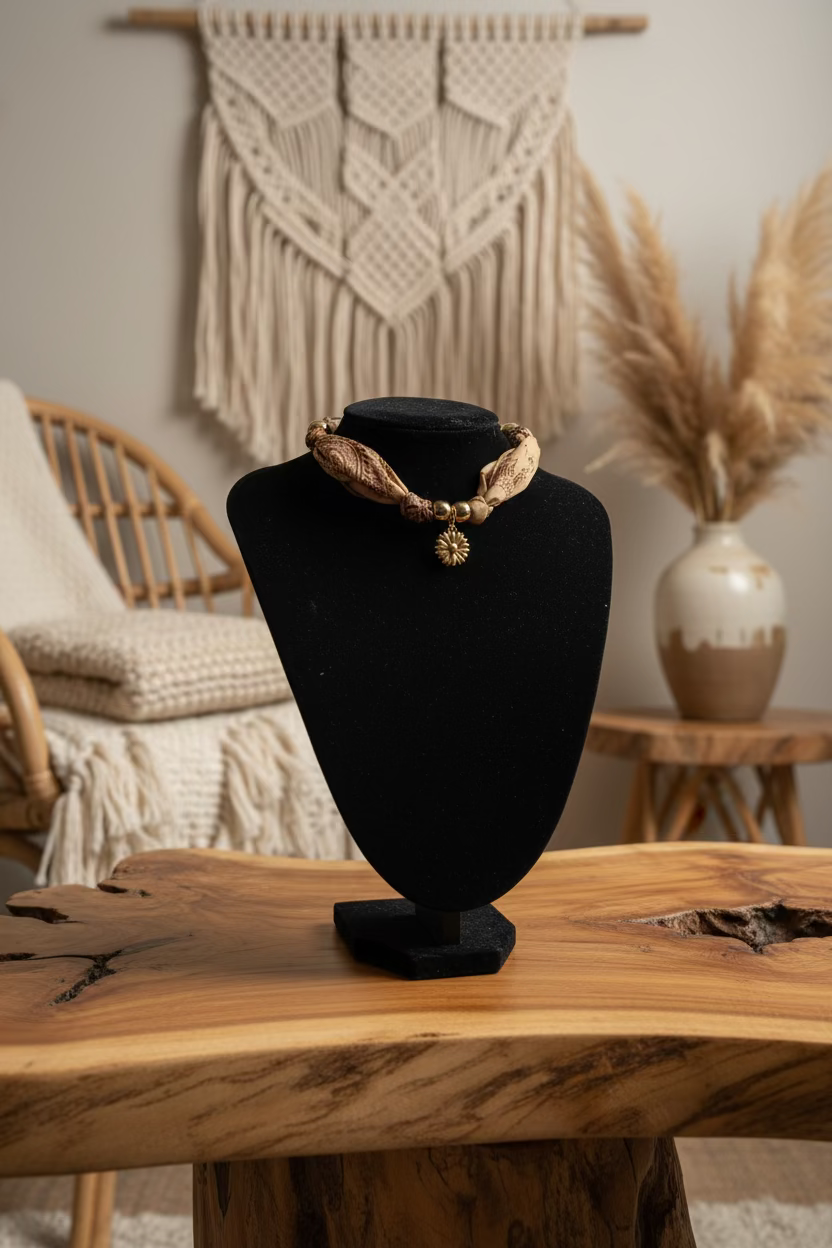 Collier plastron tressé en tissu aux tons chauds avec un médaillon doré central, présenté sur un buste d'exposition blanc.