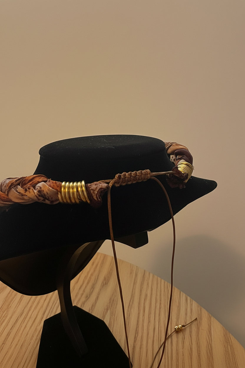 Détail d'un collier artisanal porté avec un chapeau noir, illustrant un style élégant et bohème. Joyas by Jo 