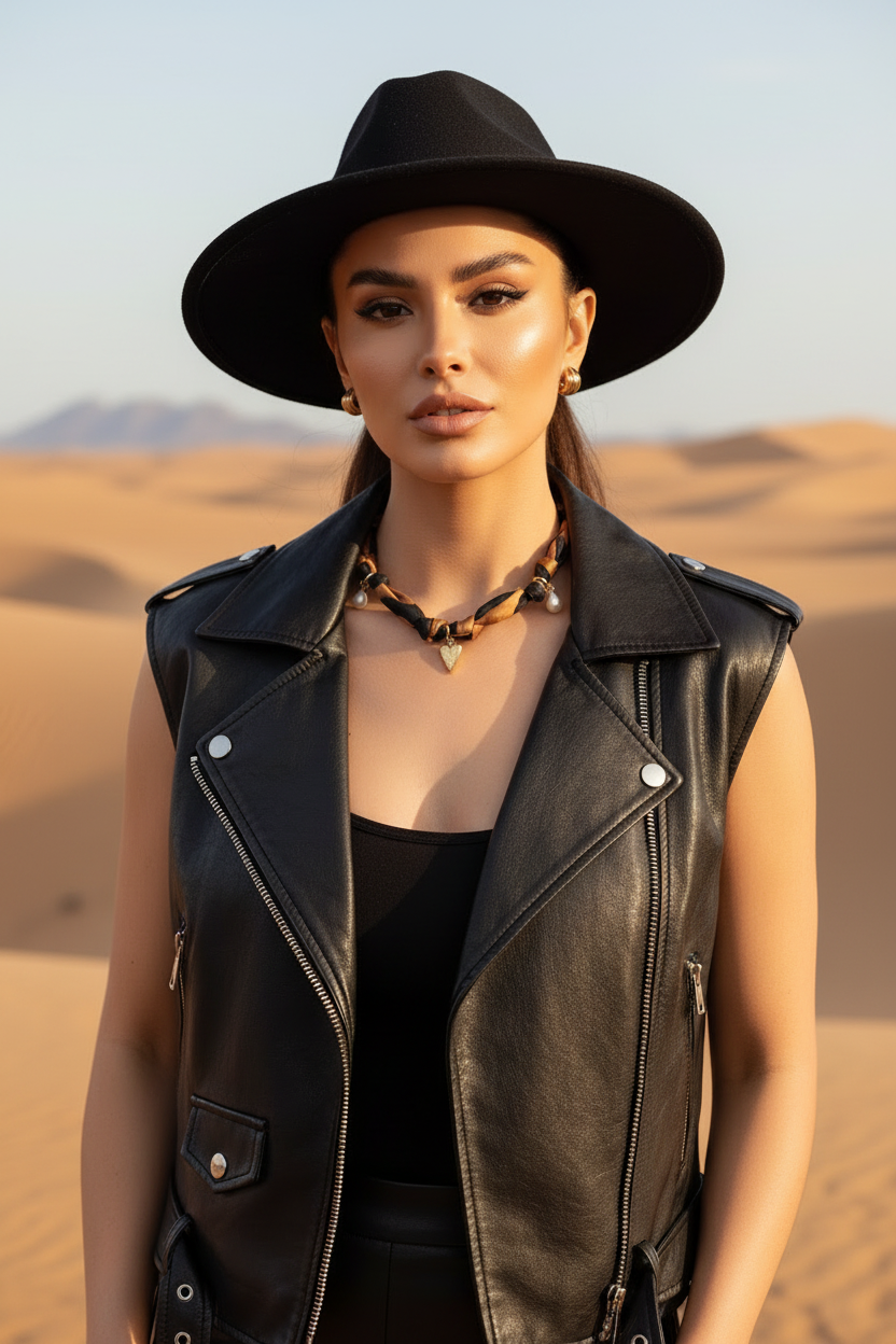 Femme portant un collier artisanal en soie noire et bronze avec pendentif coeur et perles, assorti a un chapeau noir et un gilet en cuir dans le desert.