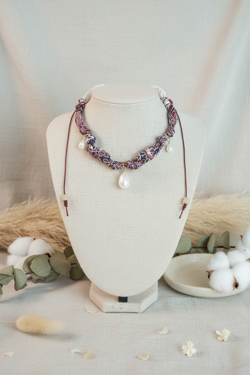 Collier artisanal Joyas by Jo en soie imprimée bordeaux et bleue, orné de perles de culture blanches sur un buste d'exposition.