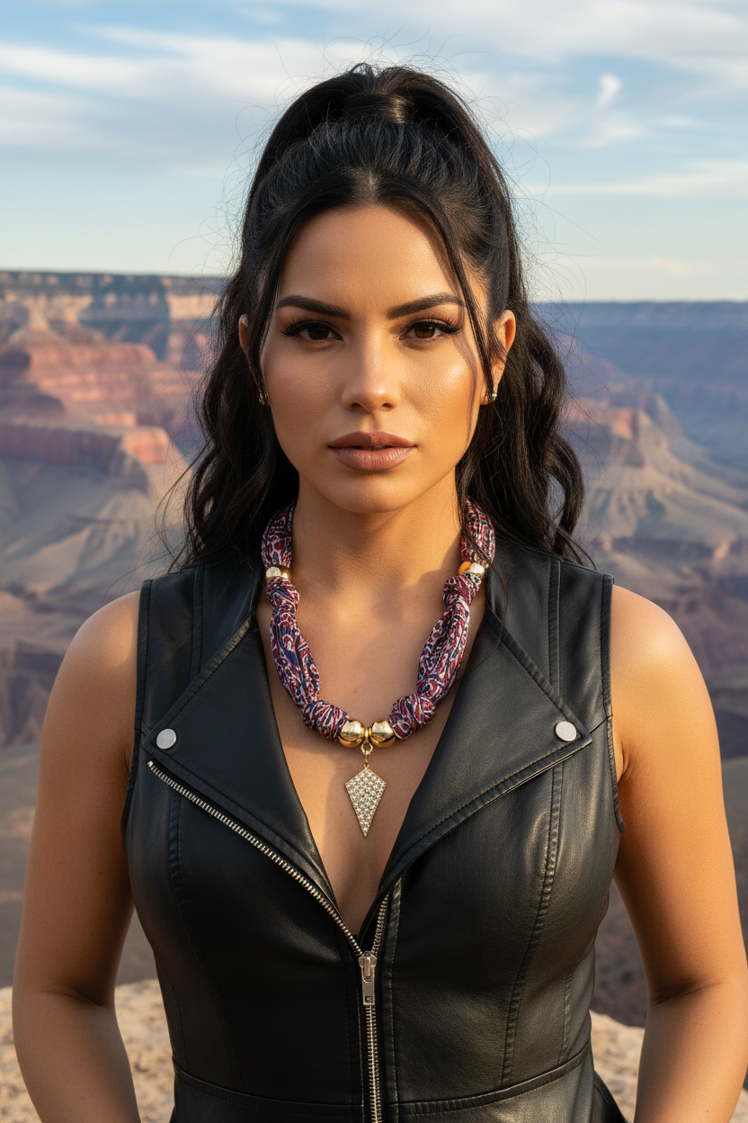 Femme portant le collier Joyas by Jo en tissu bordeaux et bleu avec pendentif triangle devant le Grand Canyon.