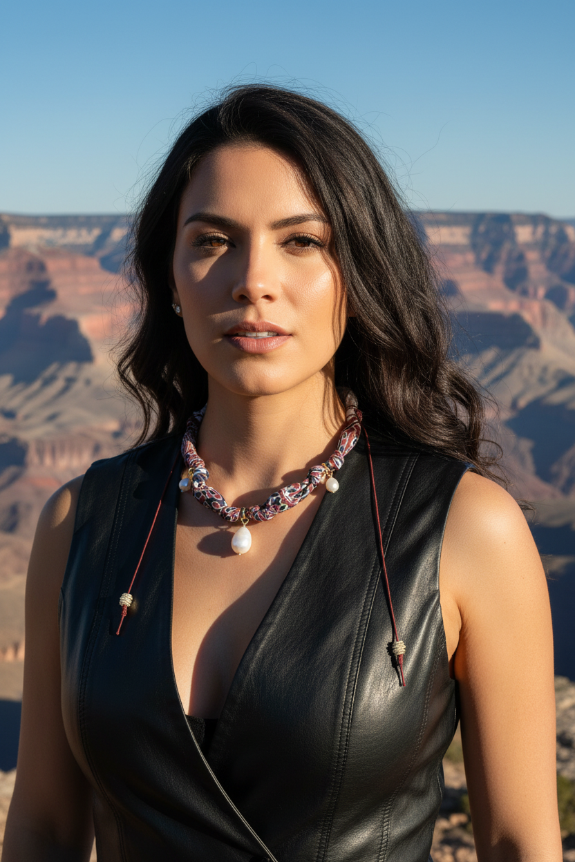 Femme portant le collier en soie Joyas by Jo avec un gilet en cuir noir, devant un paysage de canyon ensoleillé.