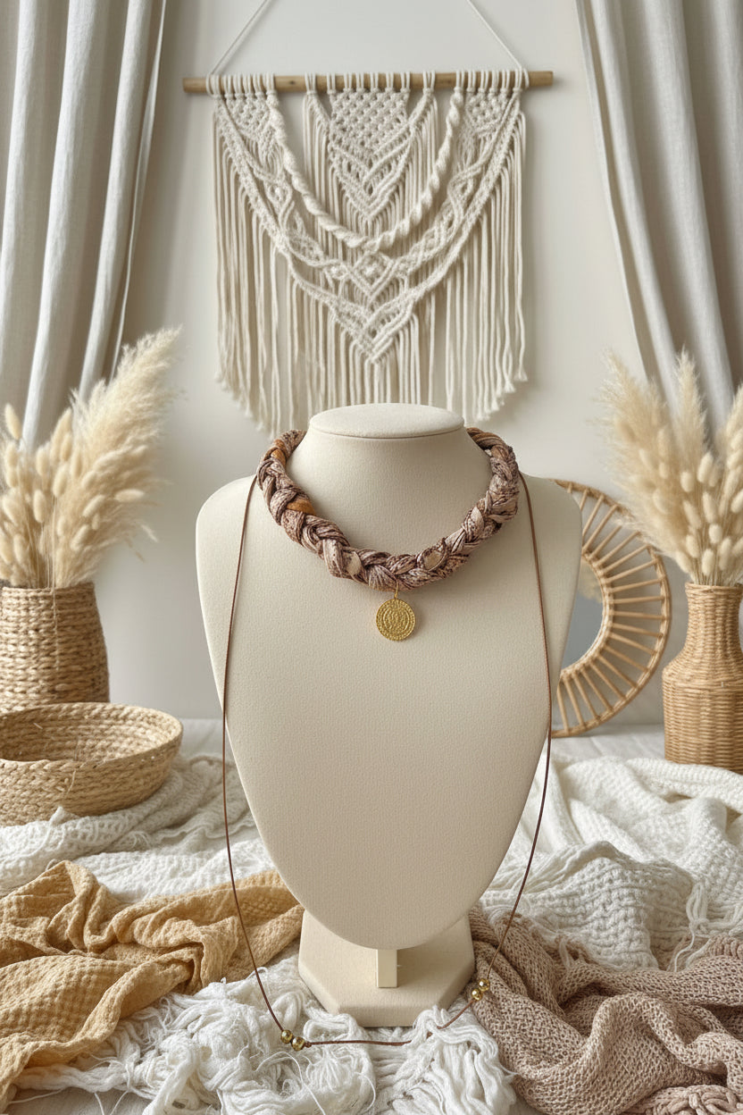 Collier torcade fait main mélangeant fils de coton et éléments dorés, mis en valeur par une lumière naturelle douce.