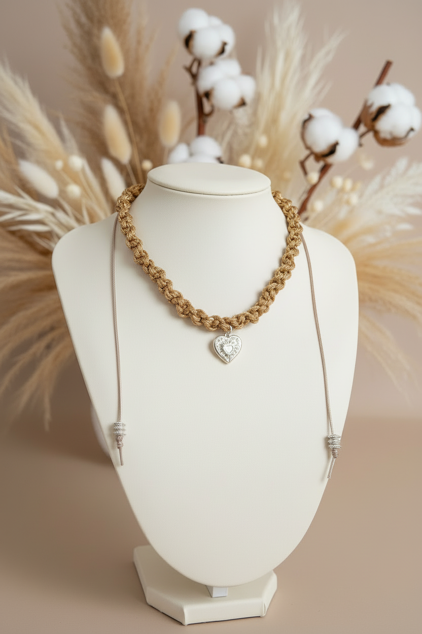 Collier ras du cou en corde tressee doree avec pendentif coeur en argent sur buste d exposition.