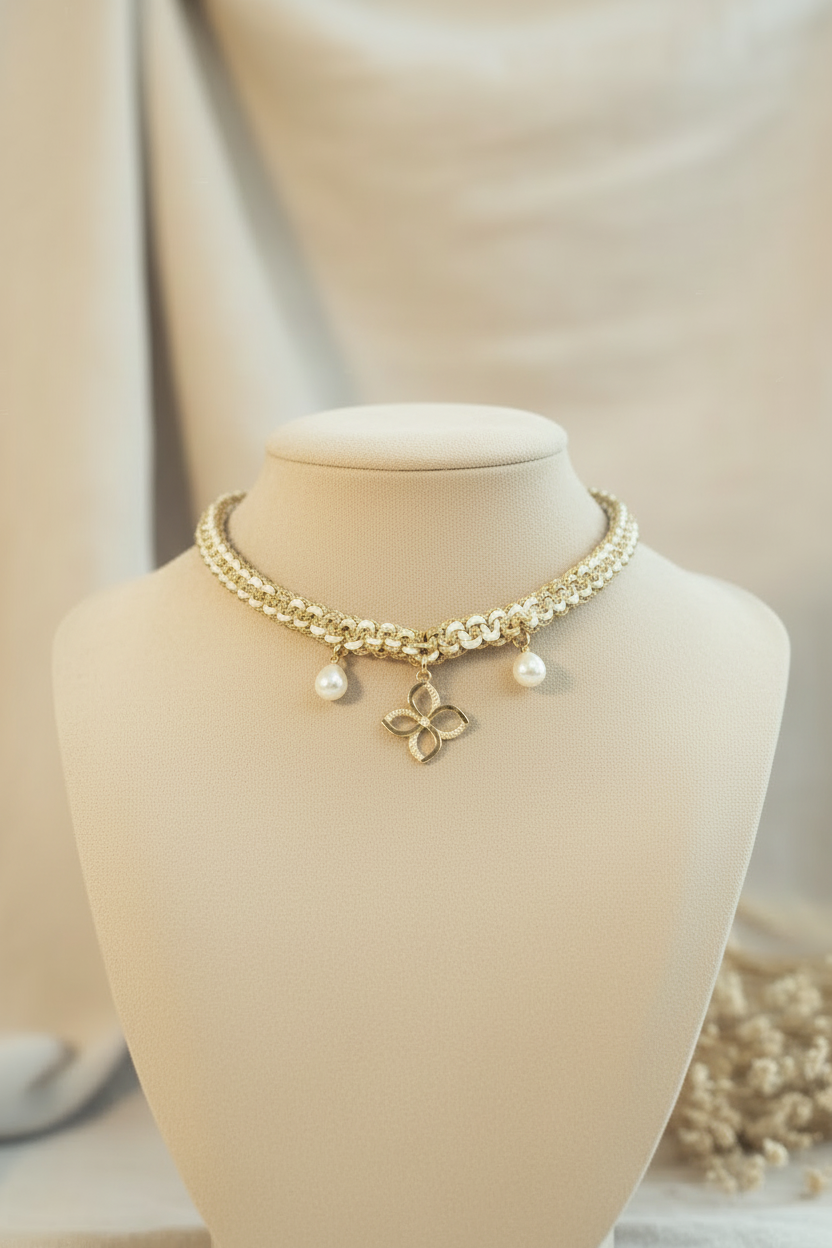Collier ras-de-cou tressé doré avec perles nacrées et pendentif trèfle sur buste beige clair.