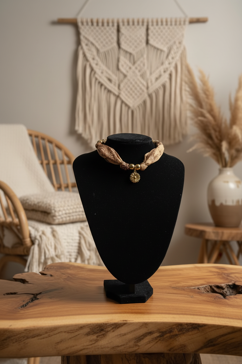 Détail du tressage artisanal d'un collier en tissu et laiton doré dans un décor bohème.