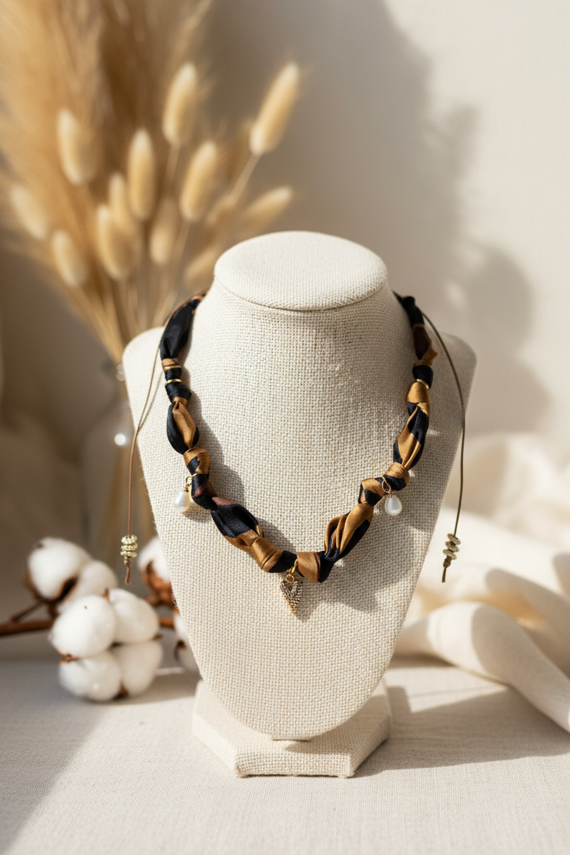 Collier ras de cou en tissu de soie tresse noir et dore avec breloques perles et coeur en or expose sur un buste blanc.