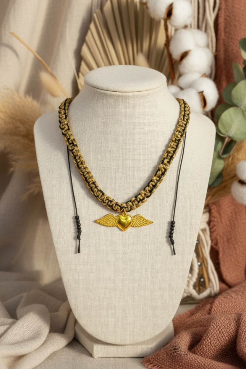 Collier artisanal Joyas by Jo en cordon tressé noir et doré avec pendentif cœur ailé en or sur buste d'exposition.