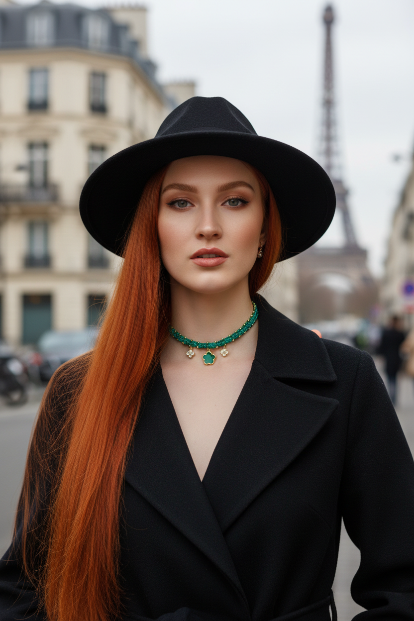 Look parisien avec le collier choker vert Joyas by Jo, chapeau noir et manteau, avec la Tour Eiffel en arrière-plan.