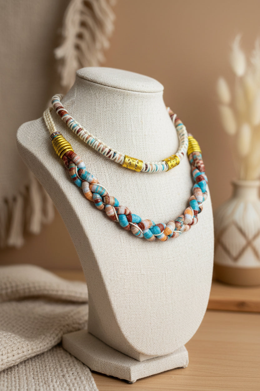 Ensemble de deux colliers artisanaux sur un buste d'exposition : un tour de cou tressé et un collier plus large en perles de papier bleu, terre cuite et blanc avec des éléments dorés.