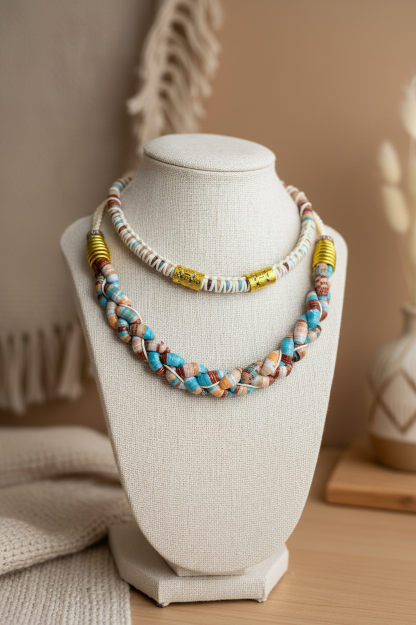 Parure de bijoux bohèmes faits main comprenant un collier épais tressé et un collier fin assorti, présentés dans un décor chaleureux aux tons naturels.