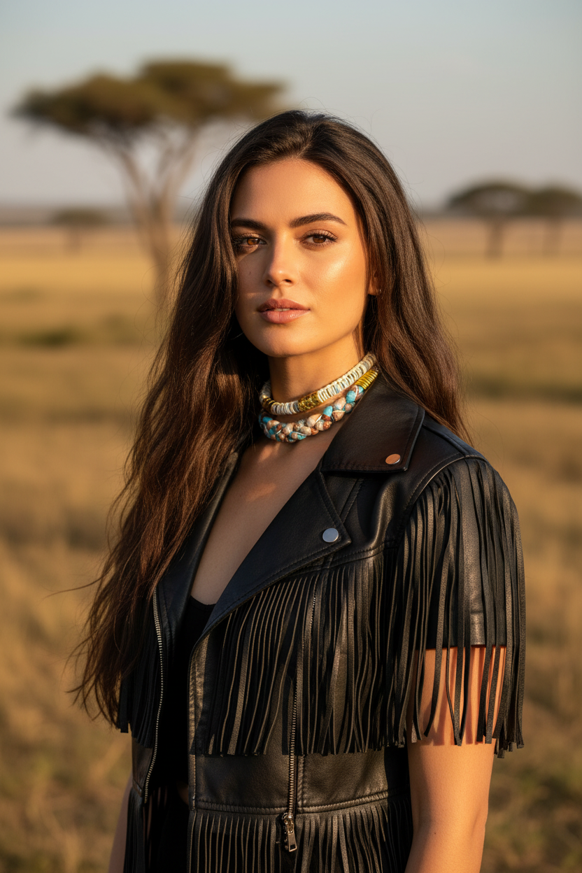 Gros plan sur un look bohème-rock une femme portant une veste de motard en cuir avec des détails de franges et un collier ethnique superposé. Le décor naturel de la savane dorée souligne le style aventurier de la tenue.
