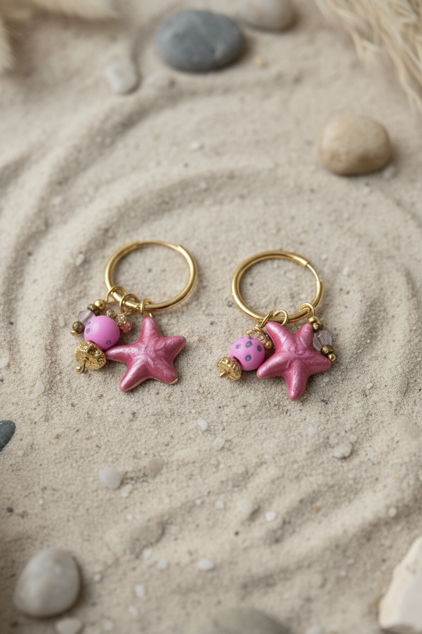 Détail des boucles d'oreilles Joyas by Jo : créoles en or ornées d'une étoile de mer rose nacrée, d'une perle rose à pois et de finitions dorées artisanales.