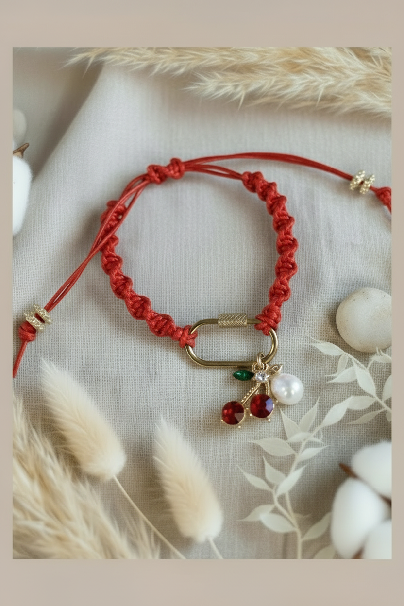 Gros plan sur le bracelet artisanal rouge Joyas by Jo, détails du tressage macramé et pendentifs cerises rouges scintillantes sur textile naturel.