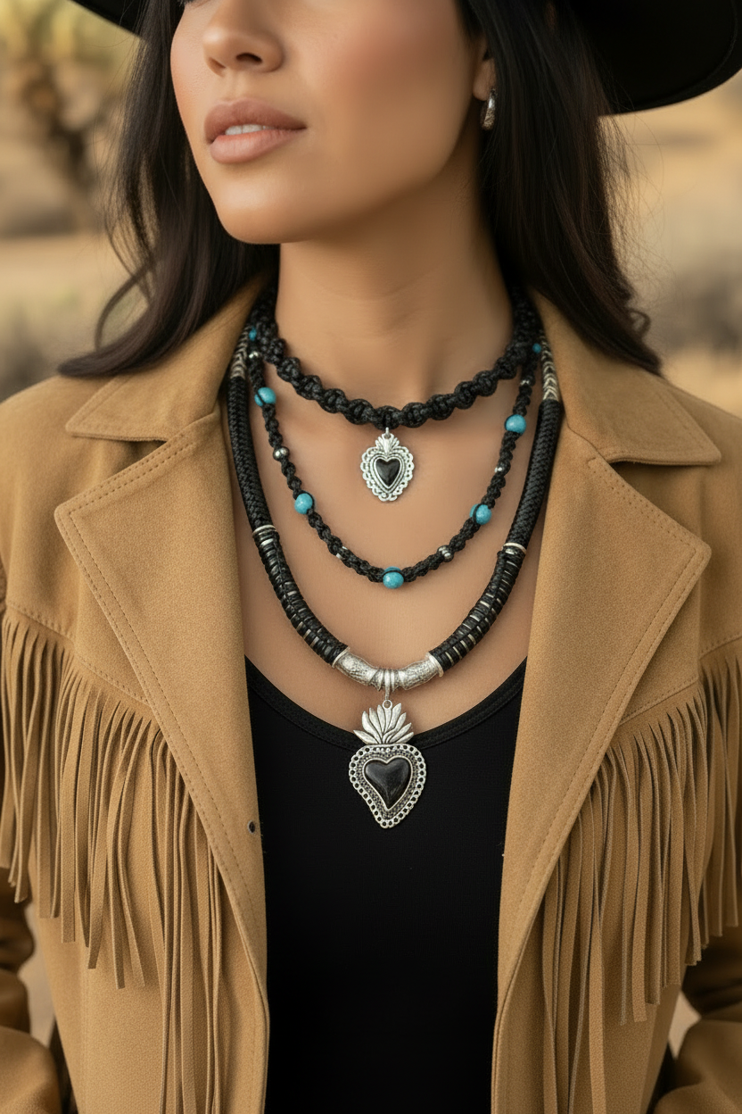 Gros plan du collier multicouches Joyas by Jo porté sur un buste, mettant en avant le travail du tressage noir, les perles de turquoise et le grand pendentif cœur.