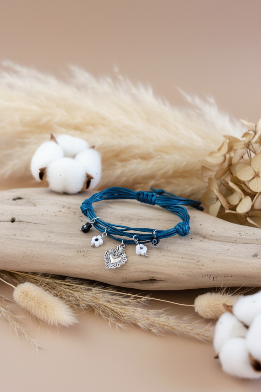 Duo de bracelets cordons bleus Joyas by Jo avec breloques fleurs et coeur sacré sur support bois