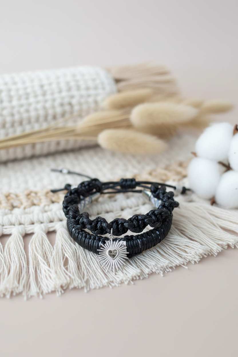 Duo de bracelets artisanaux noirs Joyas by Jo avec pendentif soleil argenté posés sur un tapis en macramé avec fleurs de coton.