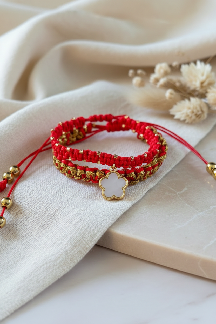 Ensemble de bracelets Joyas by Jo rouge et or dont un avec pendentif trèfle blanc nacré.