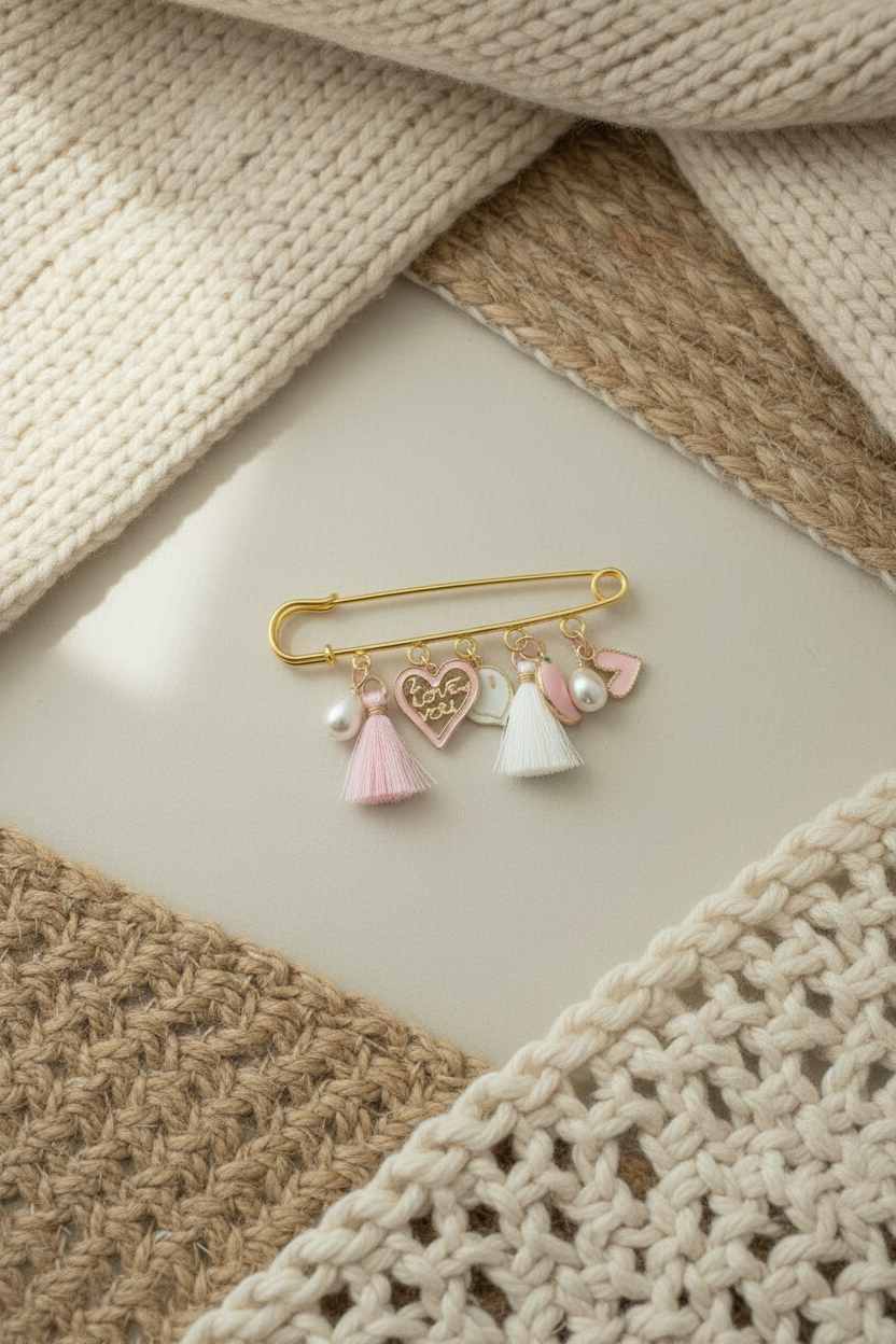 Épinglette décorative dorée Joyas by Jo ornée de breloques (cœurs roses, pompons rose et blanc, perles et croissant de lune) présentée sur un tissu beige avec des cristaux de quartz, des galets et des fleurs séchées.