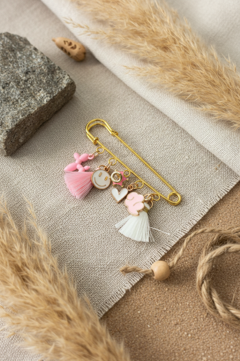 Sac artisanal en maille crochetée avec broche amovible à charms. Accessoire de mode bohème et personnalisé, présenté dans une ambiance douce et naturelle.