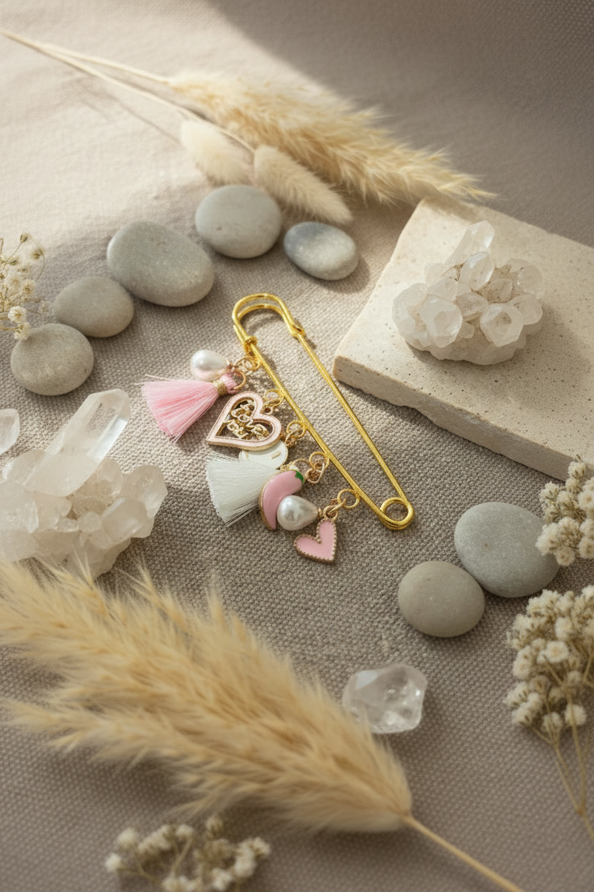Bijou de sac ou de vêtement fait main : épinglette porte-bonheur dorée avec charms cœurs roses et pompons. Mise en scène artistique Joyas by Jo mettant en avant les matières naturelles (laine, jute) et le travail artisanal.