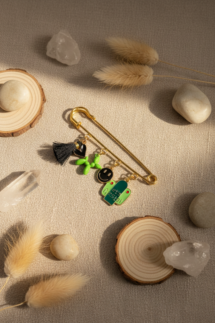Broche épingle à nourrice dorée avec charms ludiques et colorés. Présentation flat lay esthétique sur fond neutre avec éléments naturels (bois, pierres, graminées séchées) pour une ambiance zen et artisanale.