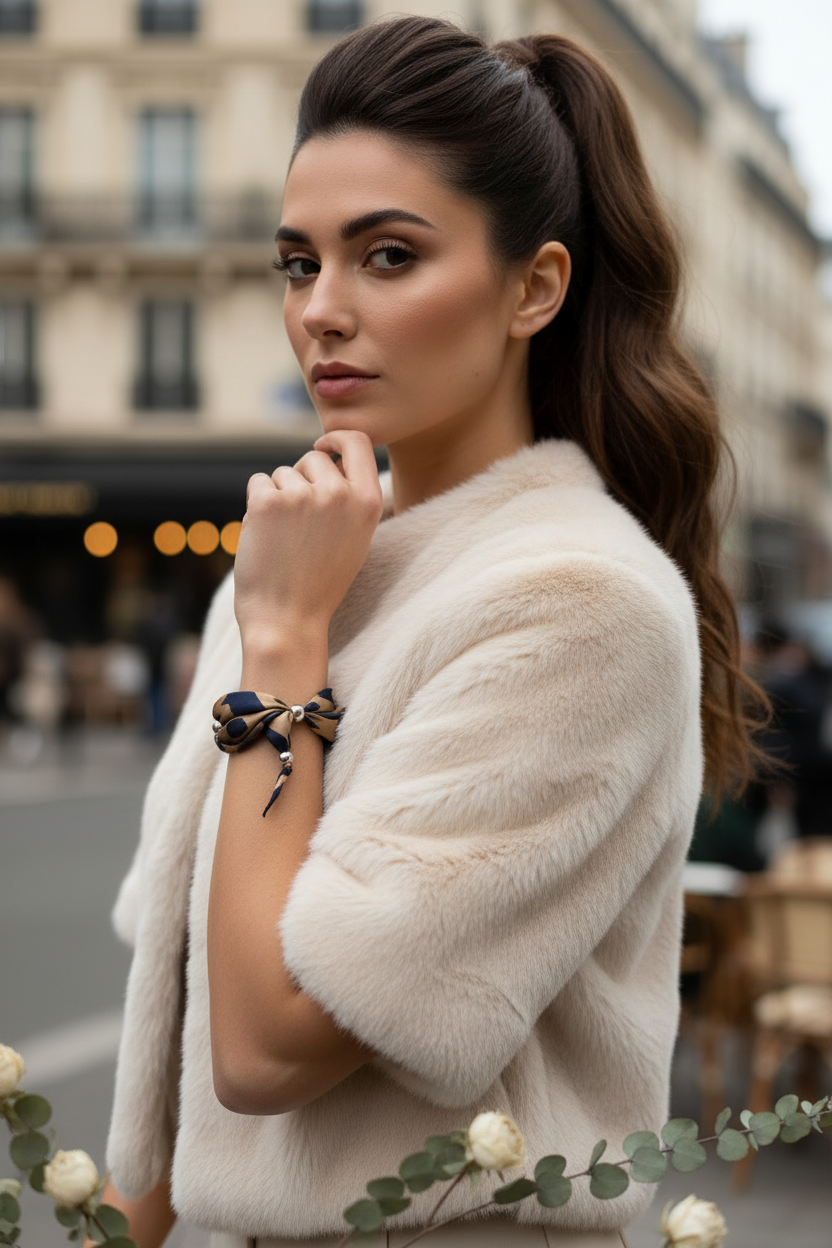 Jeune femme elegante portant un bracelet foulard en soie au poignet avec une veste en fourrure beige a Paris.