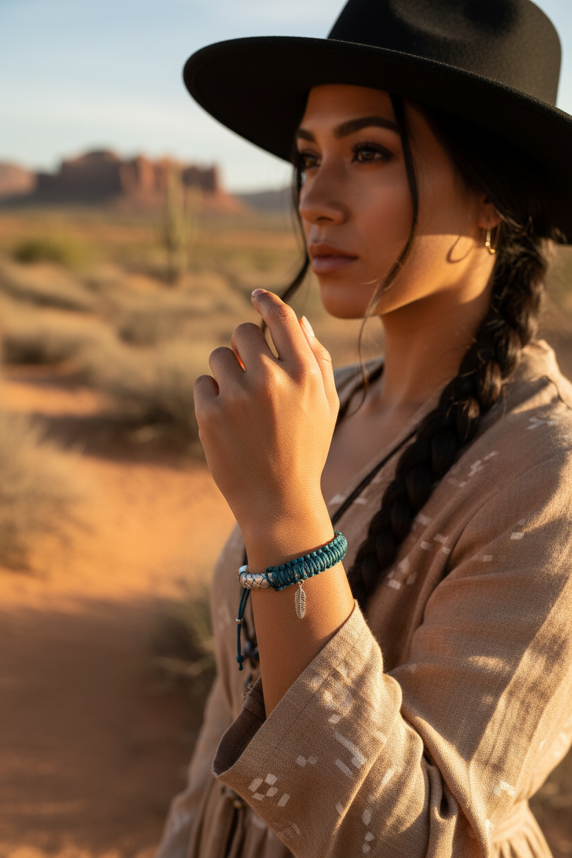 Femme portant un bracelet en cuir tressé argenté et fil bleu avec pendentif plume de la marque Joyas by Jo dans un paysage de désert.