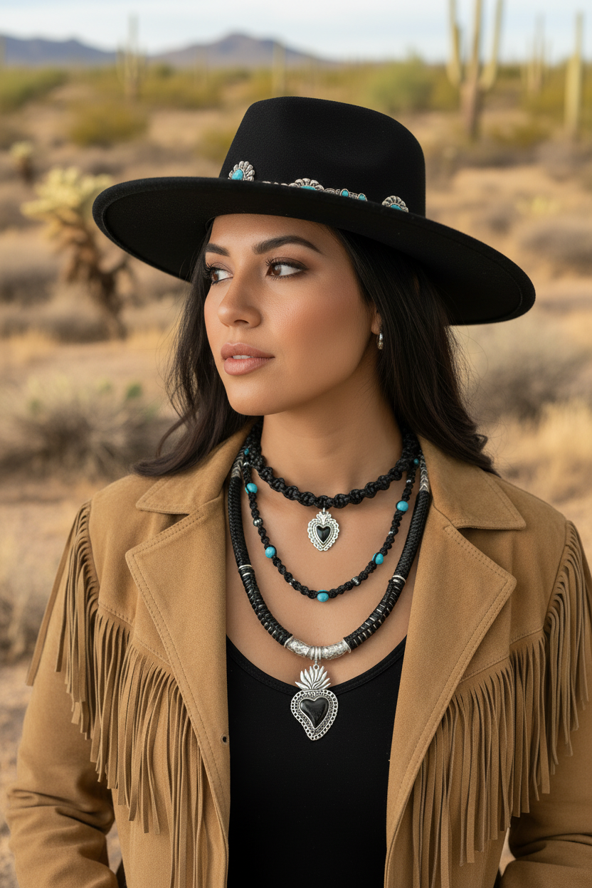 Femme portant un chapeau noir et une veste à franges camel avec l'ensemble de colliers cœurs sacrés Joyas by Jo dans un paysage de désert et cactus.