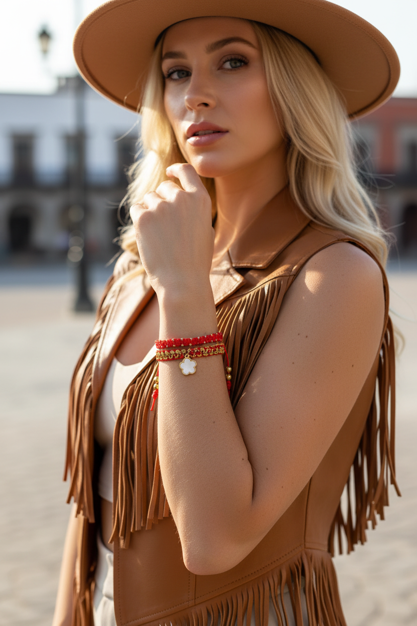 Femme portant un chapeau beige et un gilet à franges marron avec des bracelets Joyas by Jo en ville.