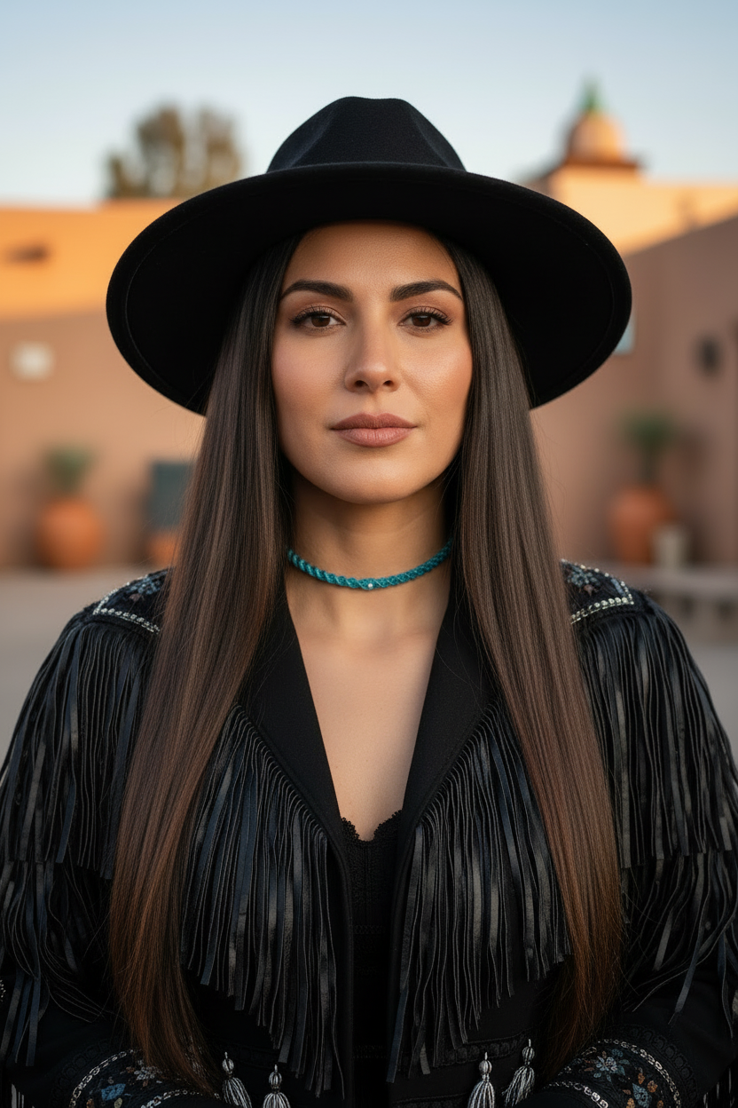 Portrait d'une femme portant un chapeau noir, une veste à franges et le collier tourmaline bleue Joyas by Jo sur fond d'architecture méditerranéenne.