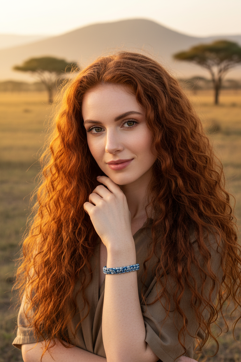 Femme aux cheveux roux bouclés portant un bracelet tressé bleu et argent Joyas by Jo dans la savane au coucher du soleil.