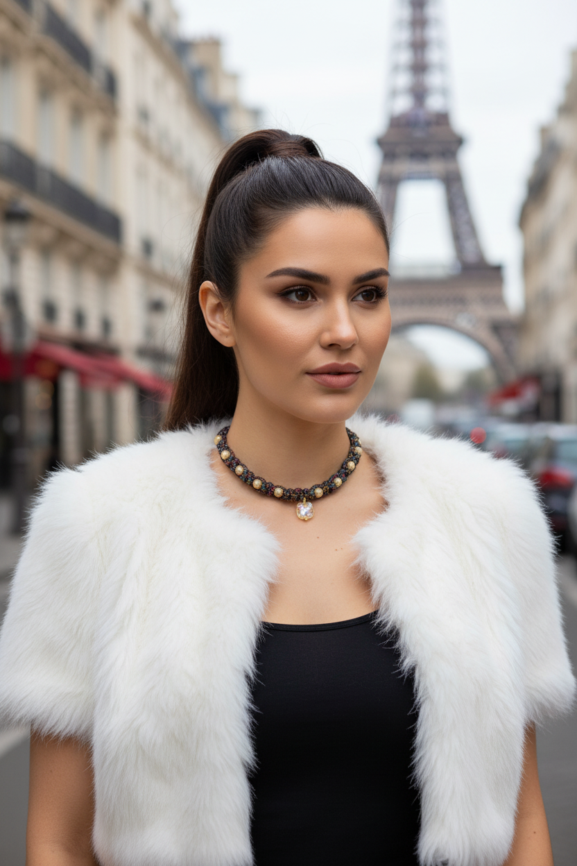 Femme portant un collier choker tressé avec perles et fourrure blanche dans une rue de Paris avec la Tour Eiffel en arrière-plan Joyas by Jo.