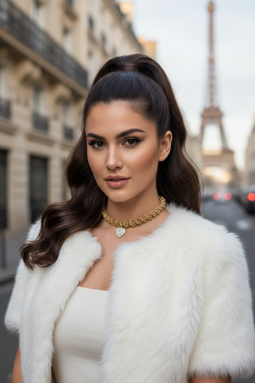 Femme portant le collier tresse avec coeur en argent et veste en fausse fourrure blanche a Paris.