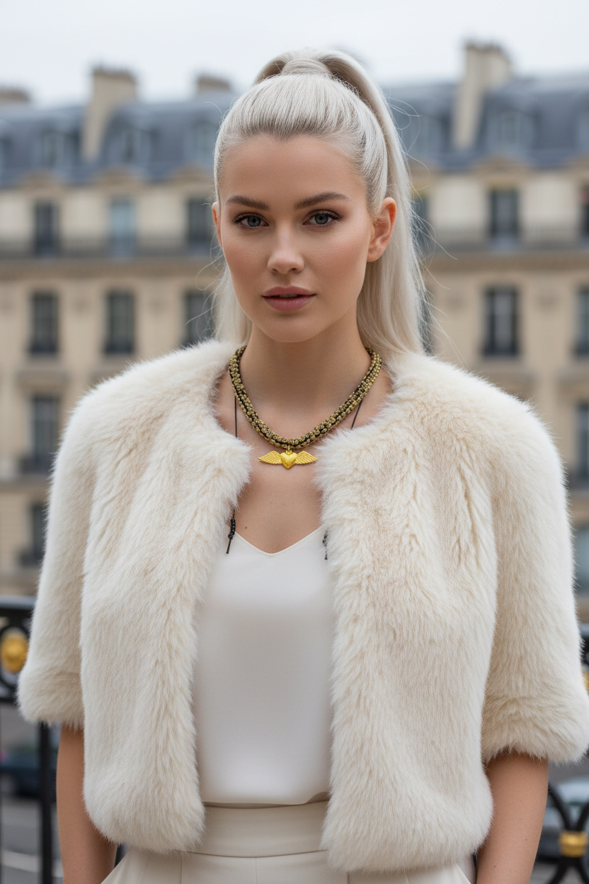 Portrait d'une femme avec collier Joyas by Jo cœur ailé et veste en fourrure blanche devant une architecture parisienne.