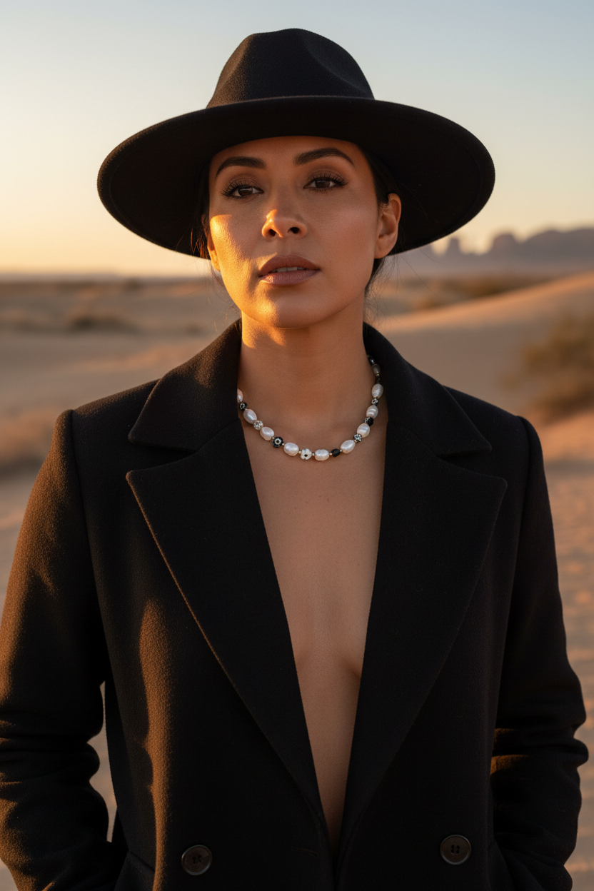 Femme portant un collier Joyas by Jo en perles avec chapeau et manteau noir dans le désert