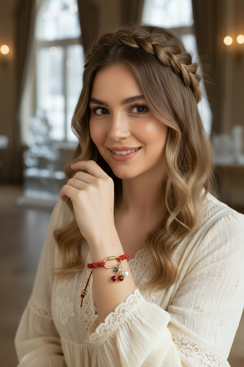 Jeune femme souriante portant le bracelet rouge Joyas by Jo avec charms cerise, vêtue d'une robe en dentelle beige dans un décor élégant.