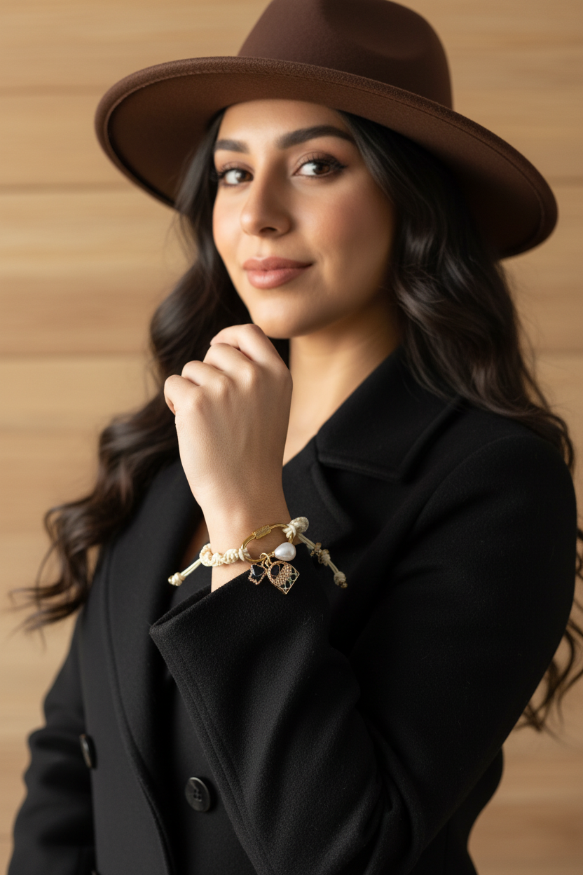 Femme élégante portant un chapeau marron et un bracelet en macramé blanc cassé Joyas by Jo sur un manteau noir.