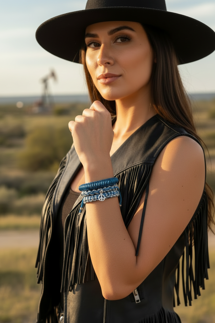 Femme portant un chapeau noir et une veste à franges en cuir, mettant en avant des bracelets bleus et argentés Joyas by Jo dans un décor de désert au coucher du soleil.