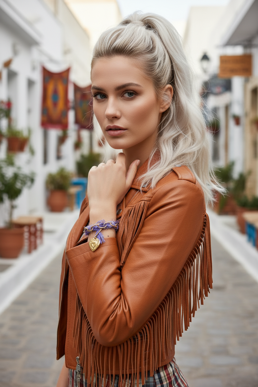 Portrait d'une femme portant une veste en cuir marron à franges et le bracelet mauve Joyas by Jo dans une rue pittoresque.