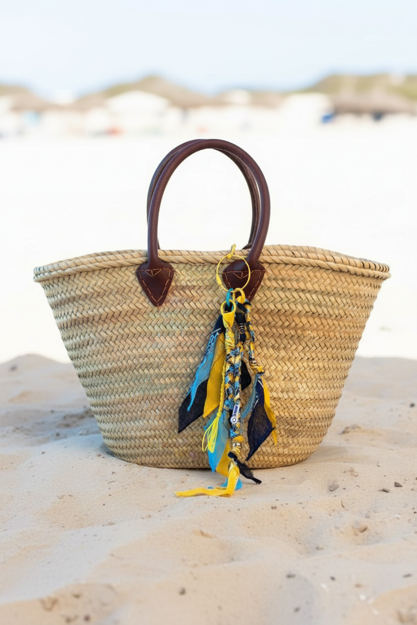 Accessoire de sac "Grigri" Miya composé de rubans bandana bleus et jaunes, attaché à l'anse d'un grand panier en osier sur une plage de sable fin. Joyas by jo
