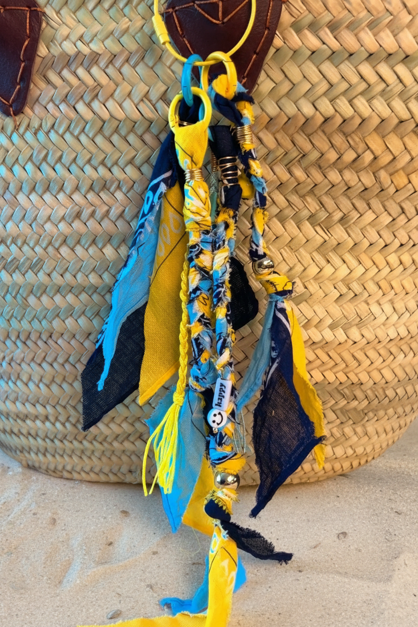 Gros plan sur les détails du Grigri de sac Miya montrant le mélange de textures : tissu bandana à motifs, fils tressés bleus et jaunes, et petites perles décoratives. Joyas by jo